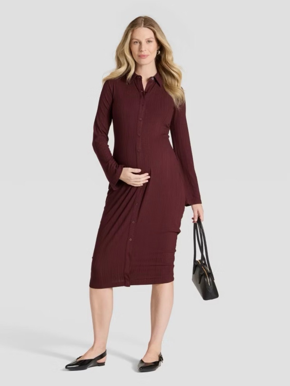 NWT | Isabel Maternity by Ingrid+Isabel Ribbed Button-Front Midi Dress Burgundy